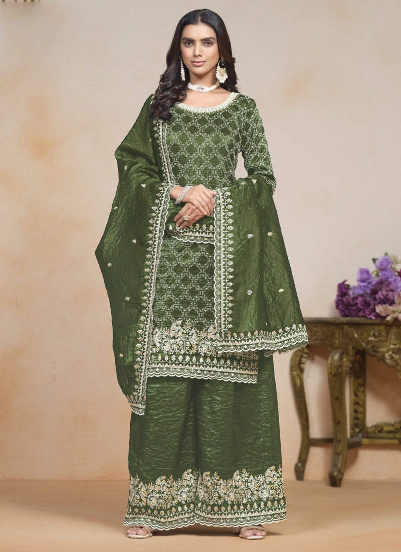 Vegaa Fashion Mahendi Silk Embroidered Designer Palazzo Suit | Grocsy