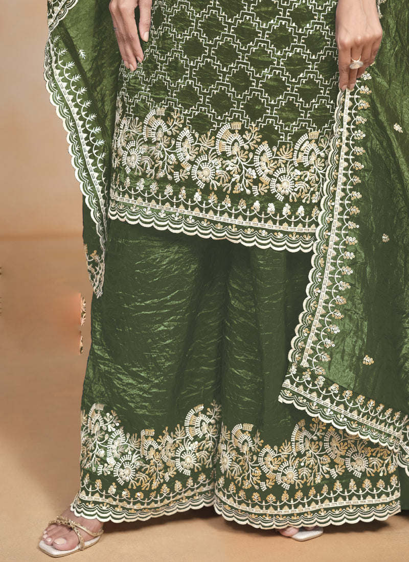 Vegaa Fashion Mahendi Silk Embroidered Designer Palazzo Suit | Grocsy