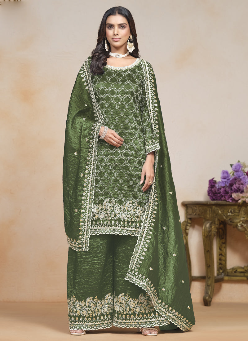 Vegaa Fashion Mahendi Silk Embroidered Designer Palazzo Suit | Grocsy