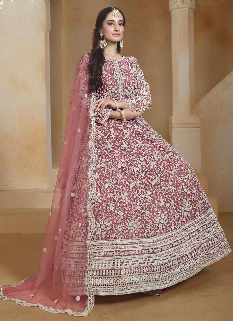 Vegaa Fashion Onion Pink Net Embroidered Anarkali Suit | Grocsy