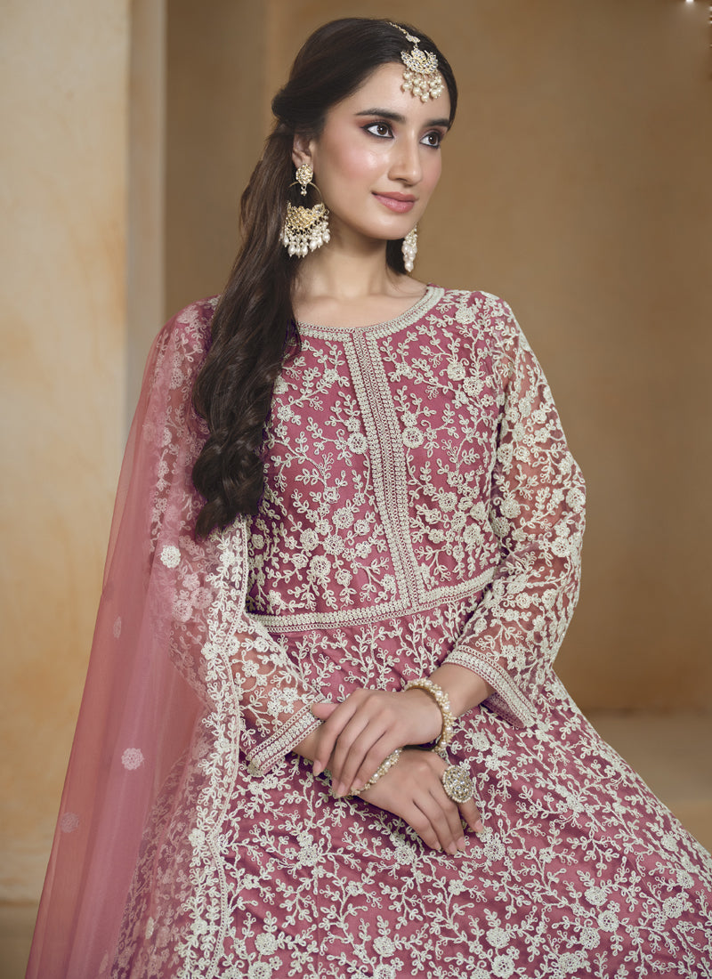 Vegaa Fashion Onion Pink Net Embroidered Anarkali Suit | Grocsy