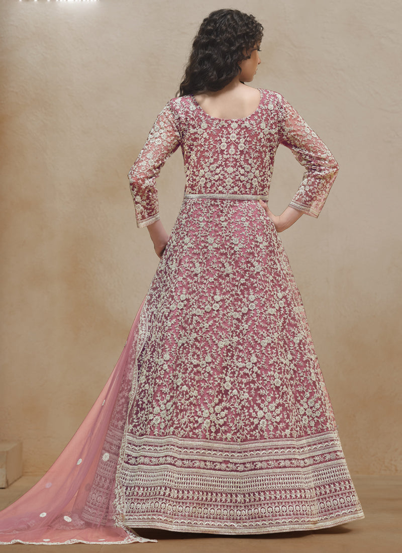 Vegaa Fashion Onion Pink Net Embroidered Anarkali Suit | Grocsy