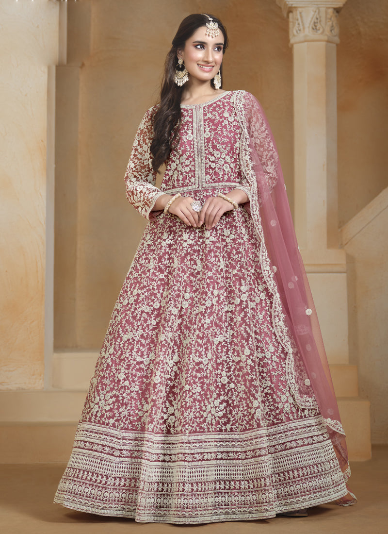 Vegaa Fashion Onion Pink Net Embroidered Anarkali Suit | Grocsy