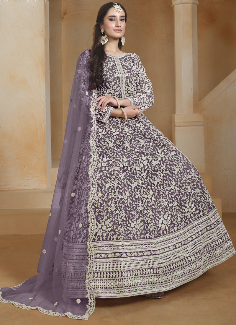 Vegaa Fashion Light Purple Net Embroidered Anarkali Suit | Grocsy