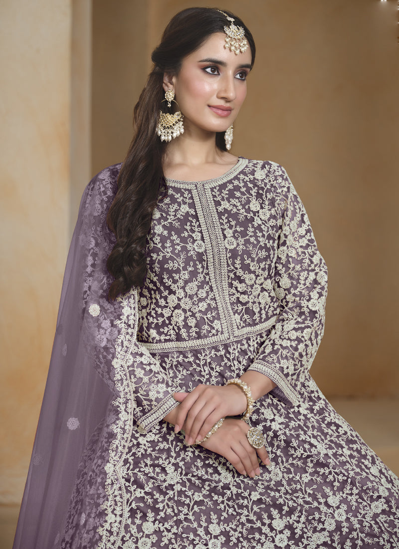 Vegaa Fashion Light Purple Net Embroidered Anarkali Suit | Grocsy