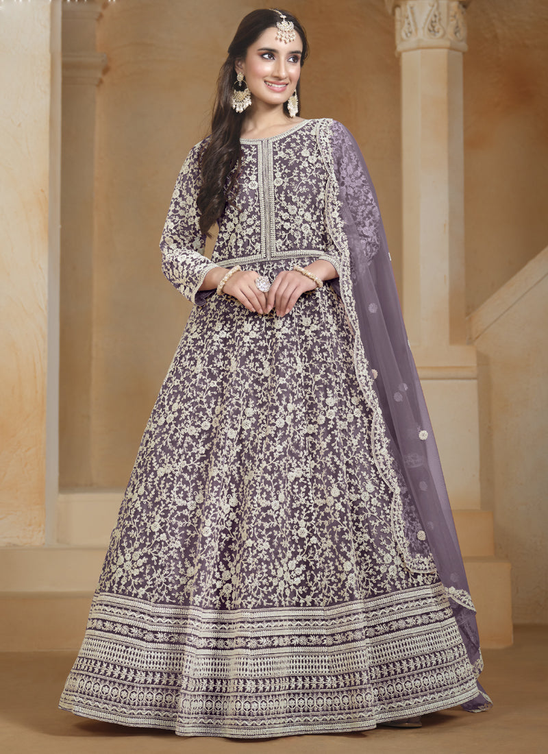 Vegaa Fashion Light Purple Net Embroidered Anarkali Suit | Grocsy