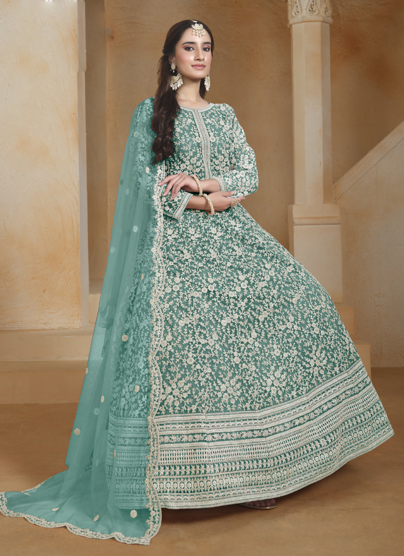 Vegaa Fashion Sea Green Net Embroidered Anarkali Suit | Grocsy