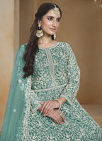 Vegaa Fashion Sea Green Net Embroidered Anarkali Suit | Grocsy