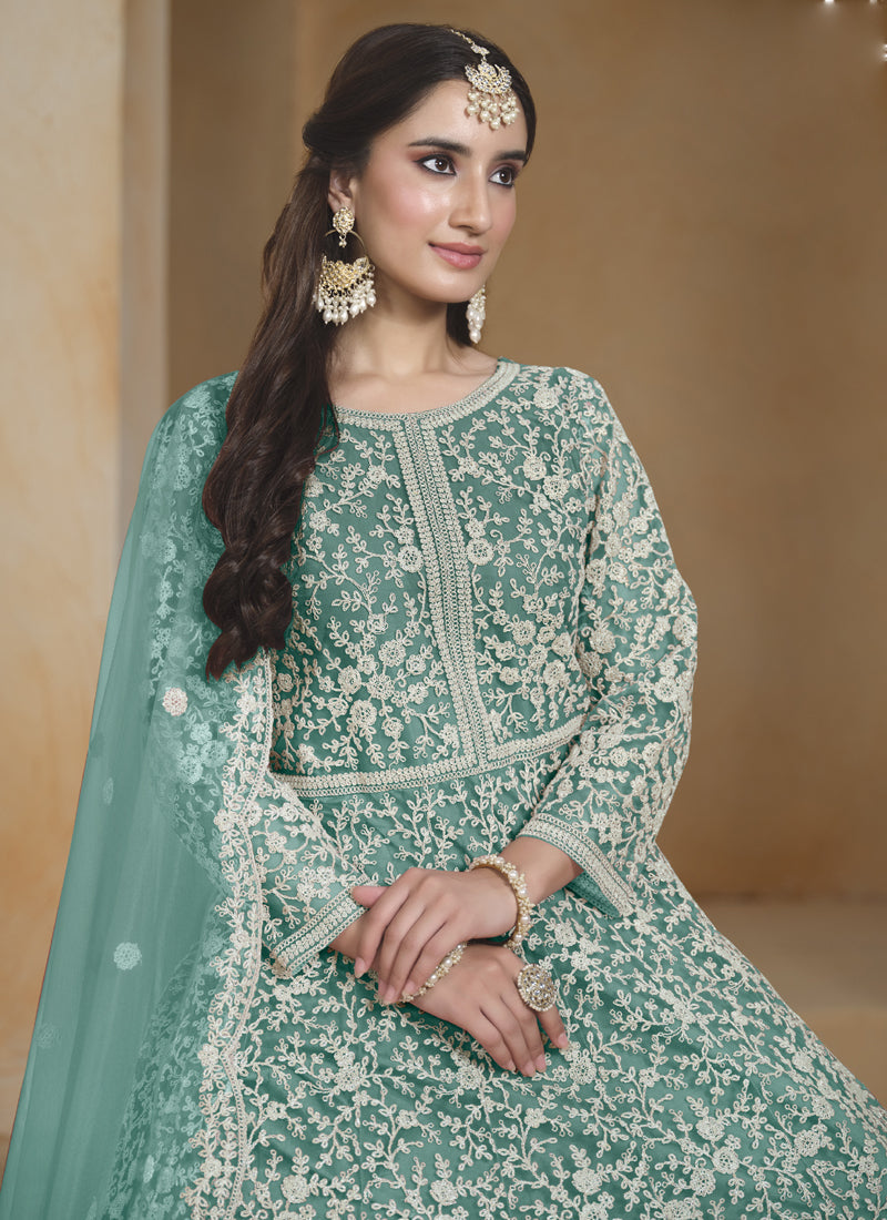 Vegaa Fashion Sea Green Net Embroidered Anarkali Suit | Grocsy