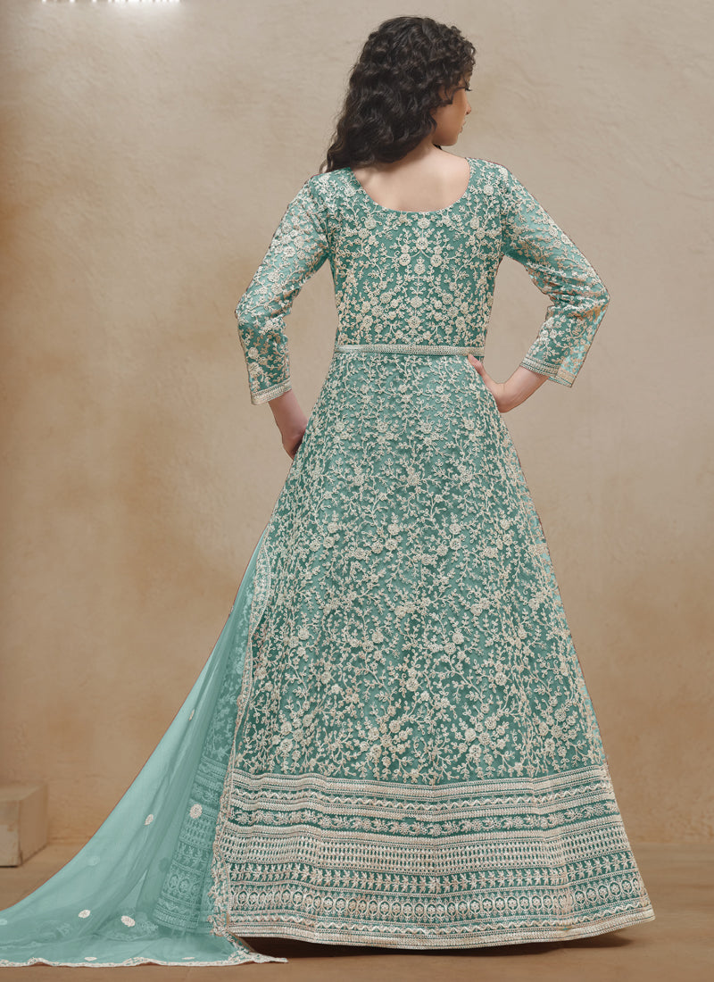 Vegaa Fashion Sea Green Net Embroidered Anarkali Suit | Grocsy