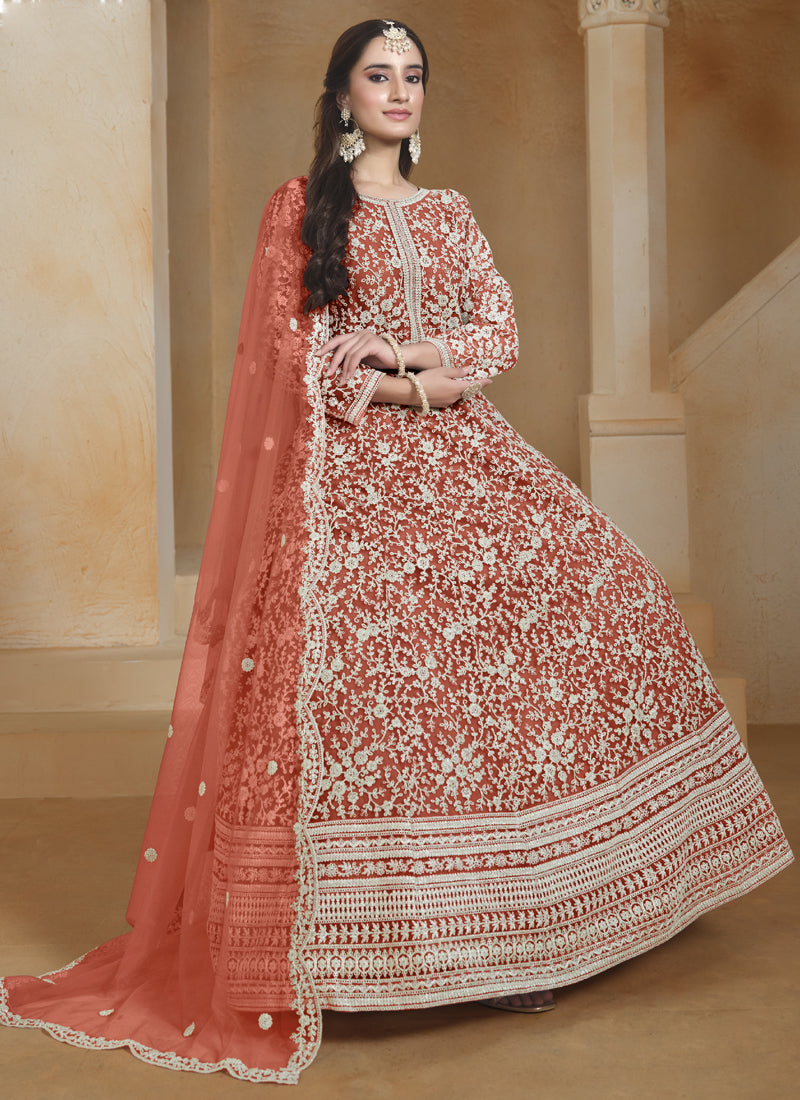 Vegaa Fashion Orange Net Embroidered Anarkali Suit | Grocsy