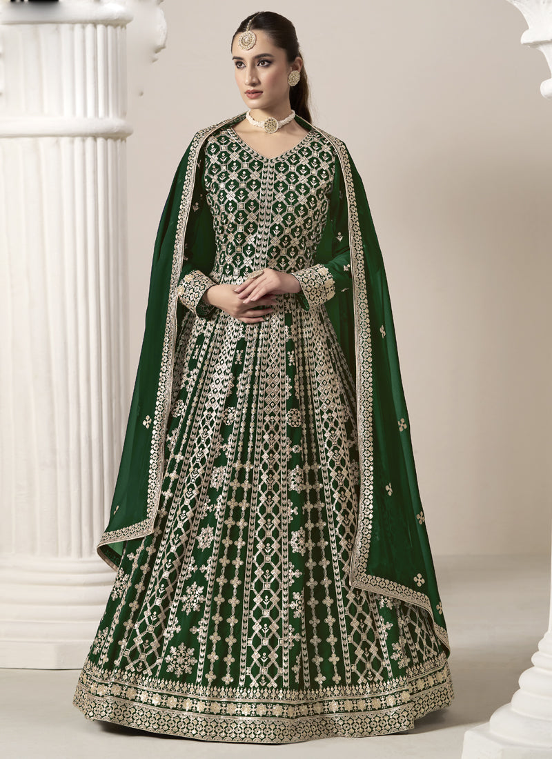 Vegaa Fashion Green Faux Georgette Embroidered Anarkali Suit | Grocsy