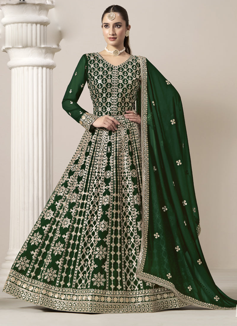 Vegaa Fashion Green Faux Georgette Embroidered Anarkali Suit | Grocsy