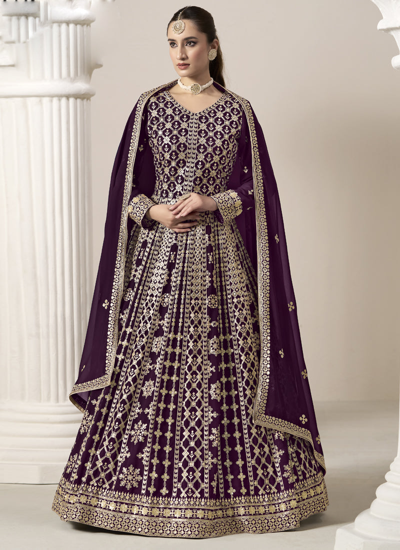 Vegaa Fashion Wine Faux Georgette Embroidered Anarkali Suit | Grocsy