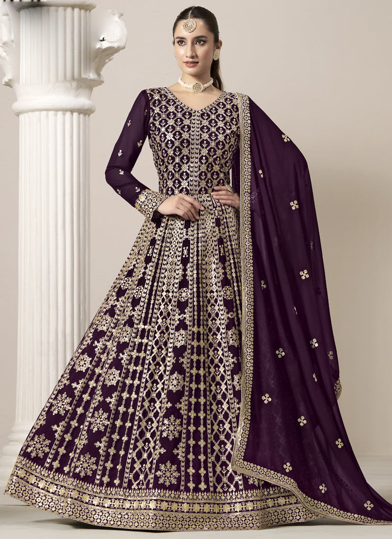 Vegaa Fashion Wine Faux Georgette Embroidered Anarkali Suit | Grocsy