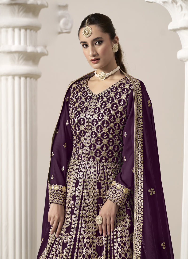 Vegaa Fashion Wine Faux Georgette Embroidered Anarkali Suit | Grocsy