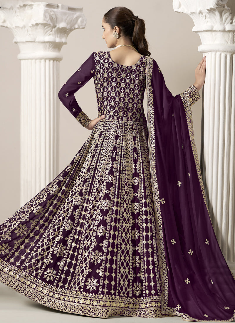 Vegaa Fashion Wine Faux Georgette Embroidered Anarkali Suit | Grocsy