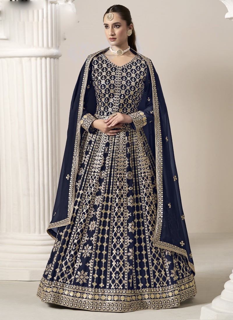 Vegaa Fashion Navy Blue Faux Georgette Embroidered Anarkali Suit | Grocsy