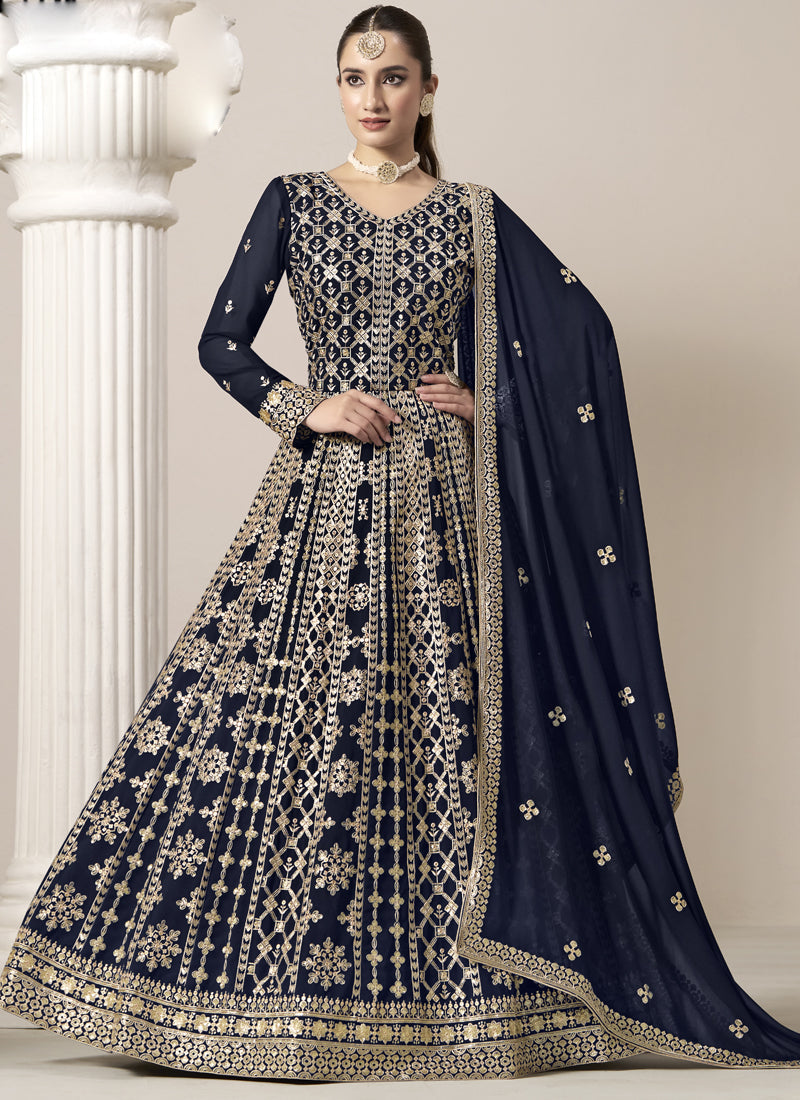 Vegaa Fashion Navy Blue Faux Georgette Embroidered Anarkali Suit | Grocsy