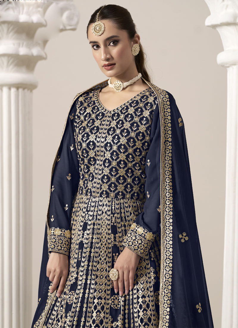 Vegaa Fashion Navy Blue Faux Georgette Embroidered Anarkali Suit | Grocsy