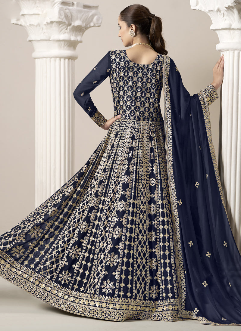 Vegaa Fashion Navy Blue Faux Georgette Embroidered Anarkali Suit | Grocsy