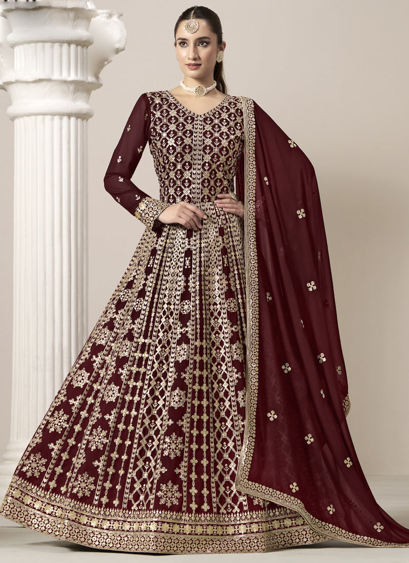 Vegaa Fashion Maroon Faux Georgette Embroidered Anarkali Suit | Grocsy