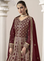 Vegaa Fashion Maroon Faux Georgette Embroidered Anarkali Suit | Grocsy