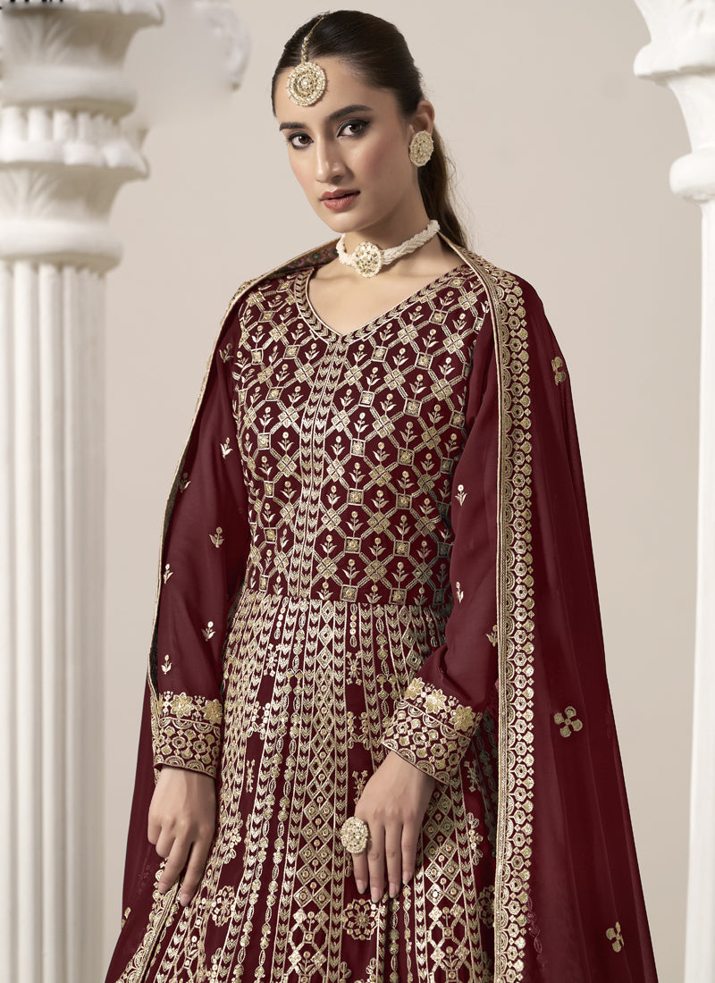 Vegaa Fashion Maroon Faux Georgette Embroidered Anarkali Suit | Grocsy