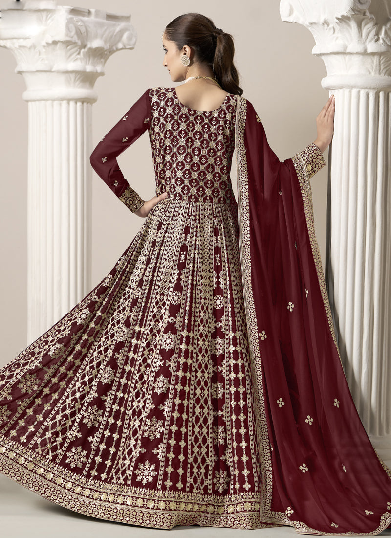 Vegaa Fashion Maroon Faux Georgette Embroidered Anarkali Suit | Grocsy