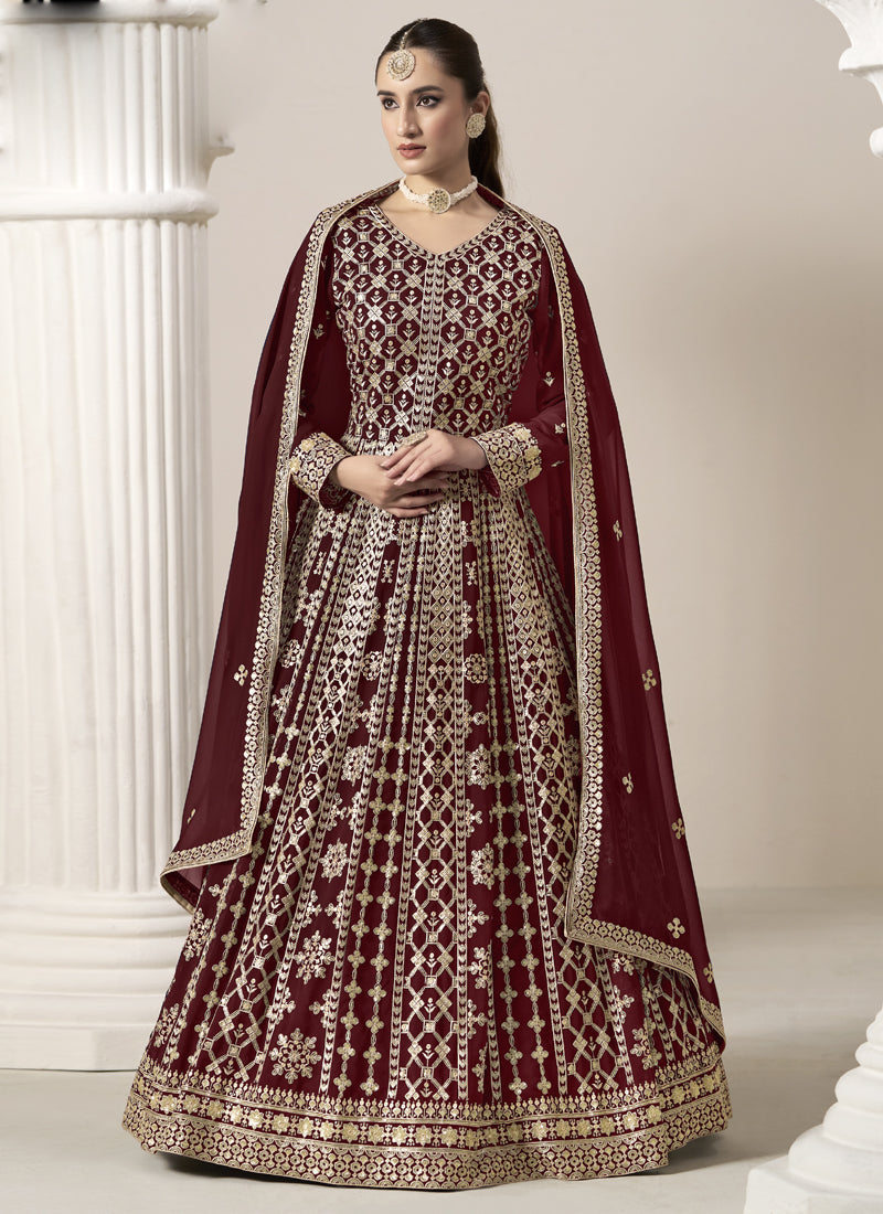 Vegaa Fashion Maroon Faux Georgette Embroidered Anarkali Suit | Grocsy