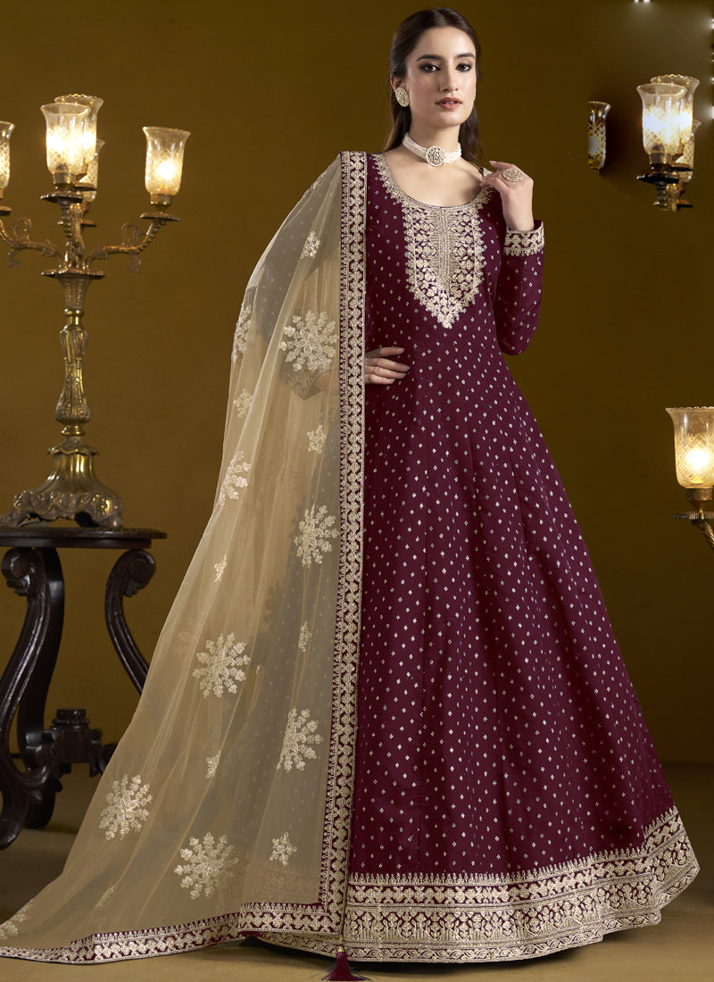 Vegaa Fashion Wine Chanderi Butti Embroidered Anarkali Suit | Grocsy