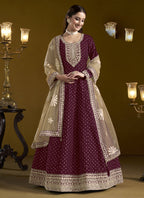 Vegaa Fashion Wine Chanderi Butti Embroidered Anarkali Suit | Grocsy