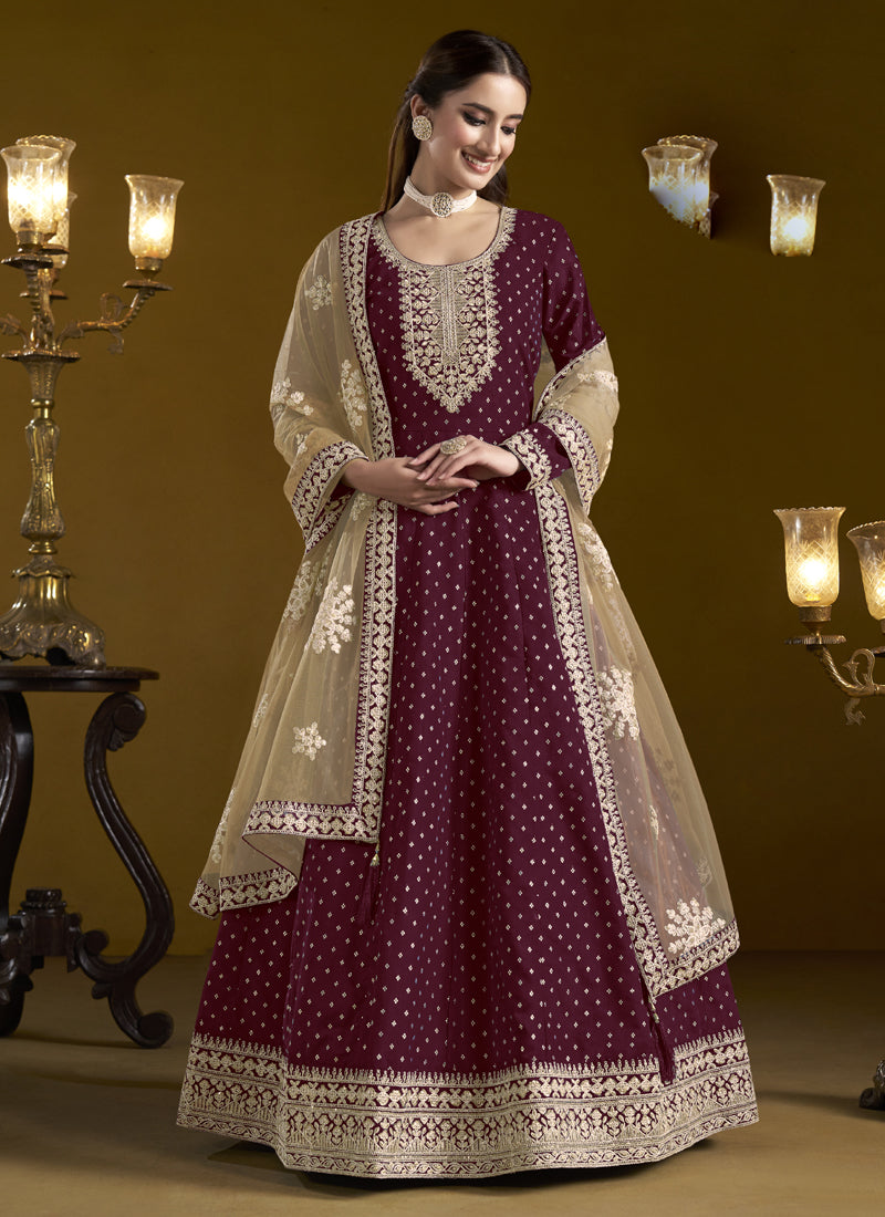 Vegaa Fashion Wine Chanderi Butti Embroidered Anarkali Suit | Grocsy