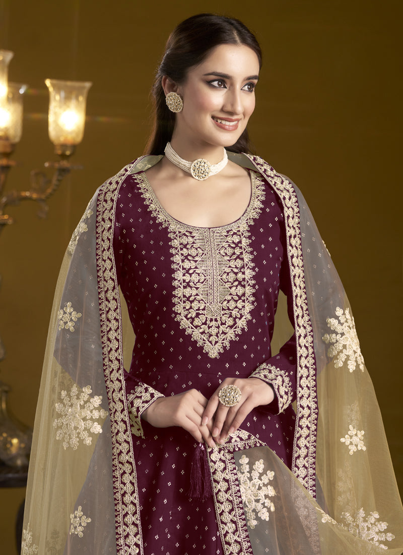 Vegaa Fashion Wine Chanderi Butti Embroidered Anarkali Suit | Grocsy