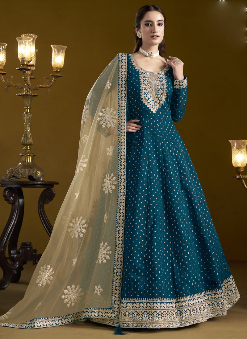 Vegaa Fashion Royal Blue Chanderi Butti Embroidered Anarkali Suit | Grocsy