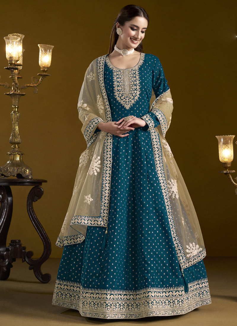 Vegaa Fashion Royal Blue Chanderi Butti Embroidered Anarkali Suit | Grocsy