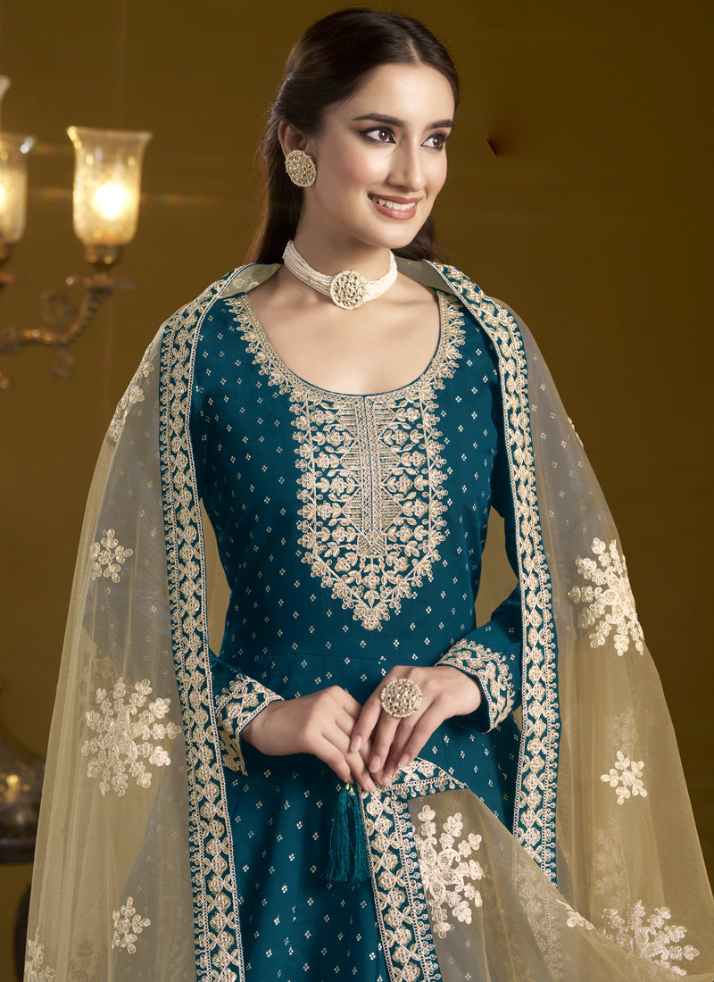 Vegaa Fashion Royal Blue Chanderi Butti Embroidered Anarkali Suit | Grocsy
