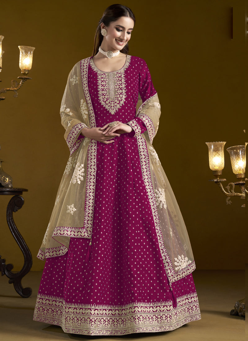 Vegaa Fashion Rani Pink Chanderi Butti Embroidered Anarkali Suit | Grocsy