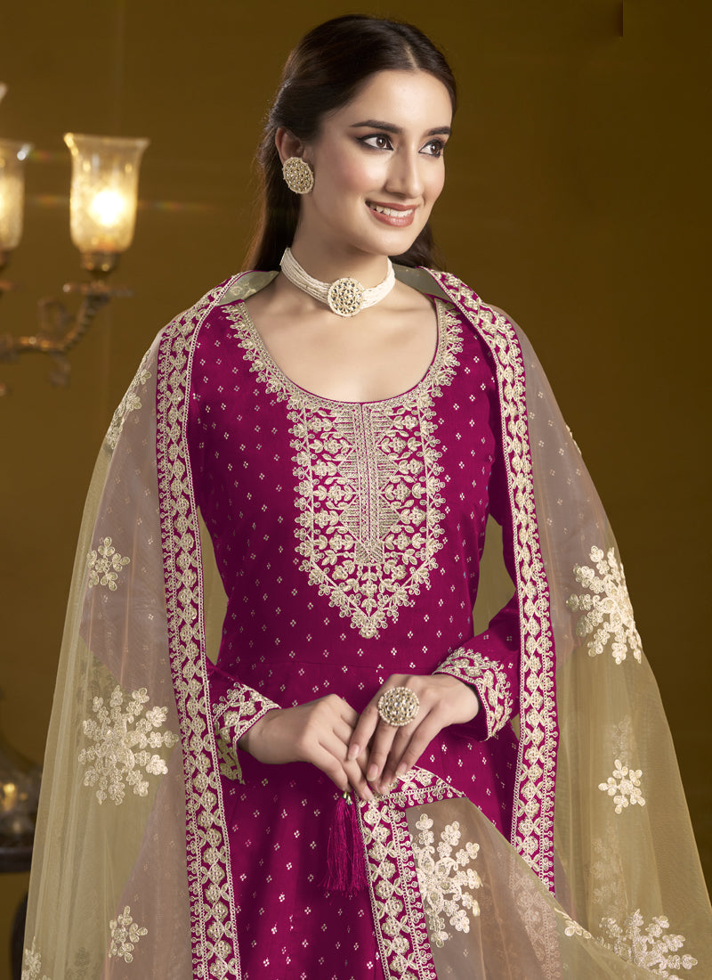 Vegaa Fashion Rani Pink Chanderi Butti Embroidered Anarkali Suit | Grocsy