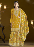 Vegaa Fashion Yellow Chinon Silk Embroidered Palazzo Suit | Grocsy