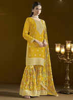 Vegaa Fashion Yellow Chinon Silk Embroidered Palazzo Suit | Grocsy