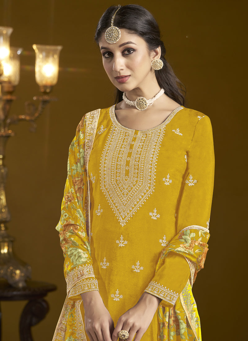 Vegaa Fashion Yellow Chinon Silk Embroidered Palazzo Suit | Grocsy
