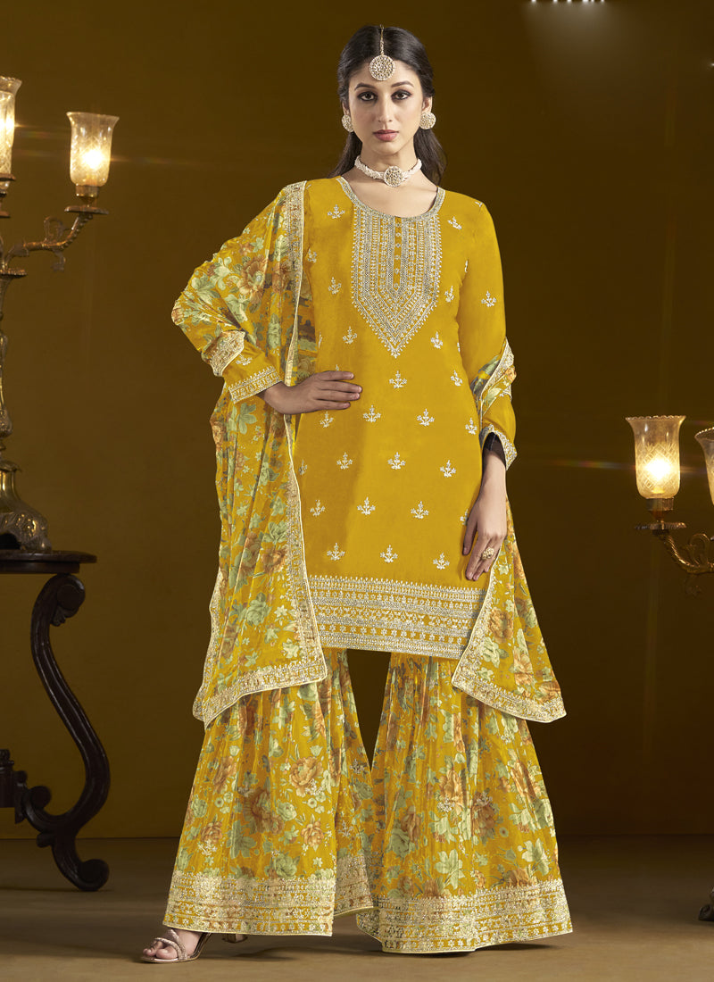 Vegaa Fashion Yellow Chinon Silk Embroidered Palazzo Suit | Grocsy