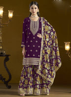 Vegaa Fashion Wine Chinon Silk Embroidered Palazzo Suit | Grocsy