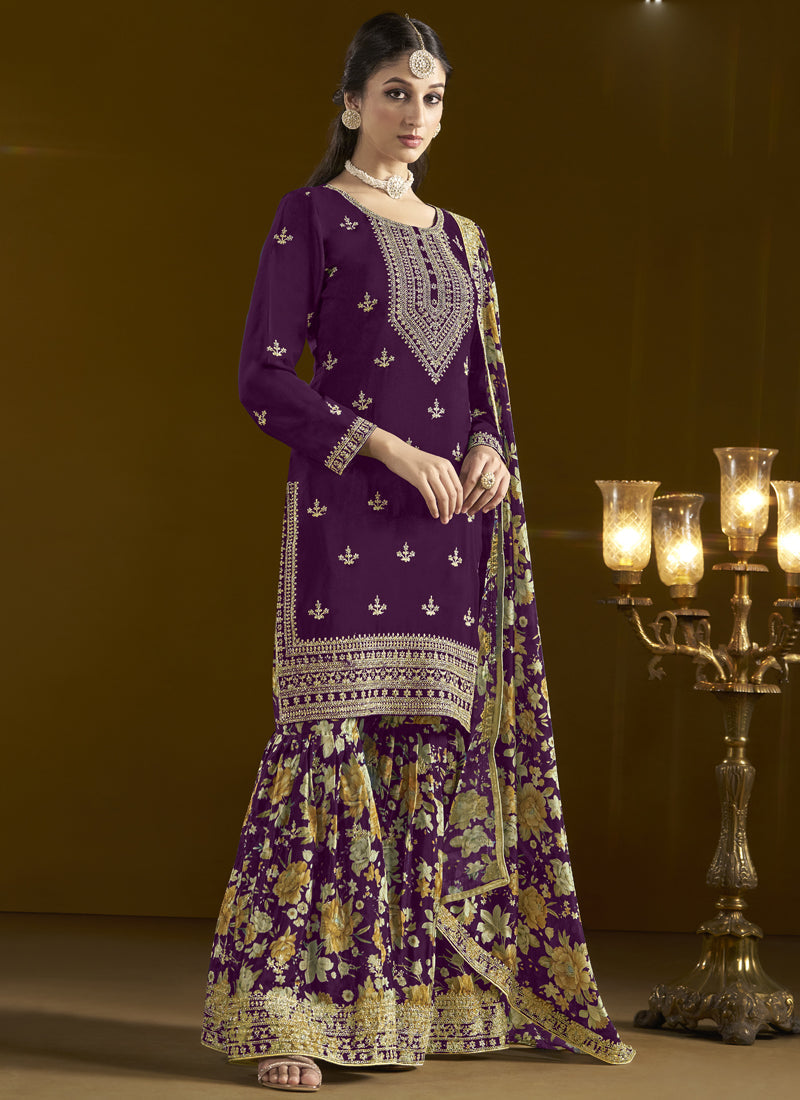 Vegaa Fashion Wine Chinon Silk Embroidered Palazzo Suit | Grocsy