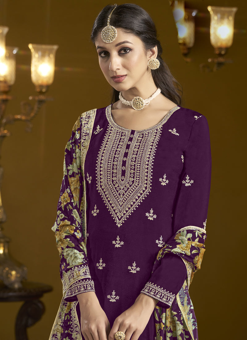 Vegaa Fashion Wine Chinon Silk Embroidered Palazzo Suit | Grocsy
