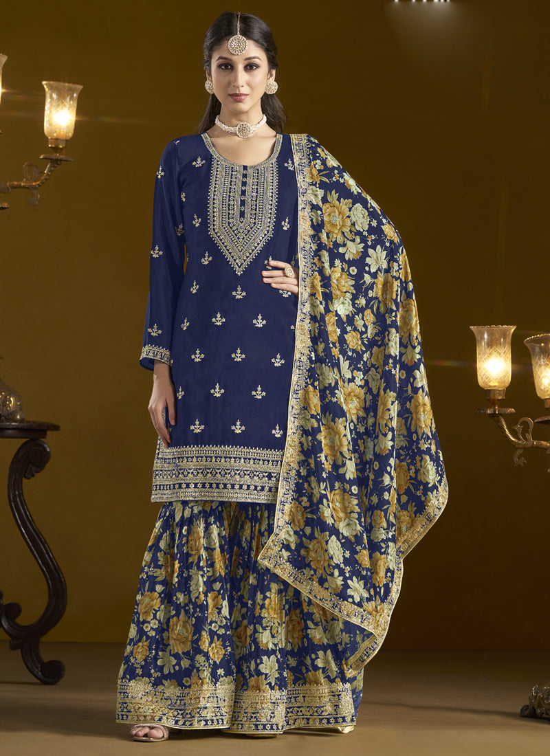 Vegaa Fashion Navy Blue Chinon Silk Embroidered Palazzo Suit | Grocsy