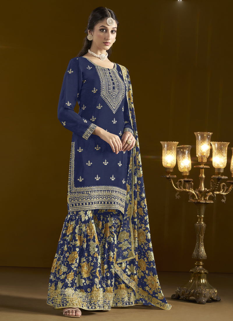 Vegaa Fashion Navy Blue Chinon Silk Embroidered Palazzo Suit | Grocsy