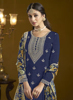 Vegaa Fashion Navy Blue Chinon Silk Embroidered Palazzo Suit | Grocsy