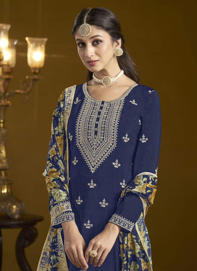 Vegaa Fashion Navy Blue Chinon Silk Embroidered Palazzo Suit | Grocsy